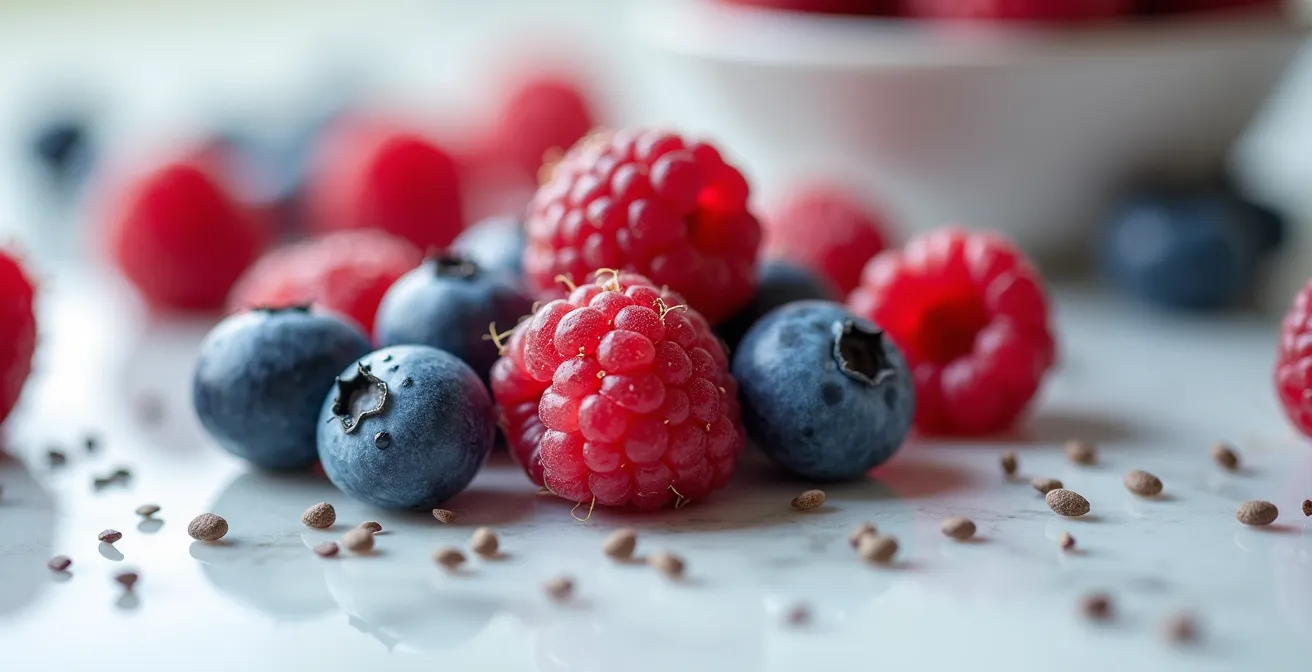 Macro shot of fresh berries and chia seeds with water droplets showcasing skin-friendly smoothie ingredients