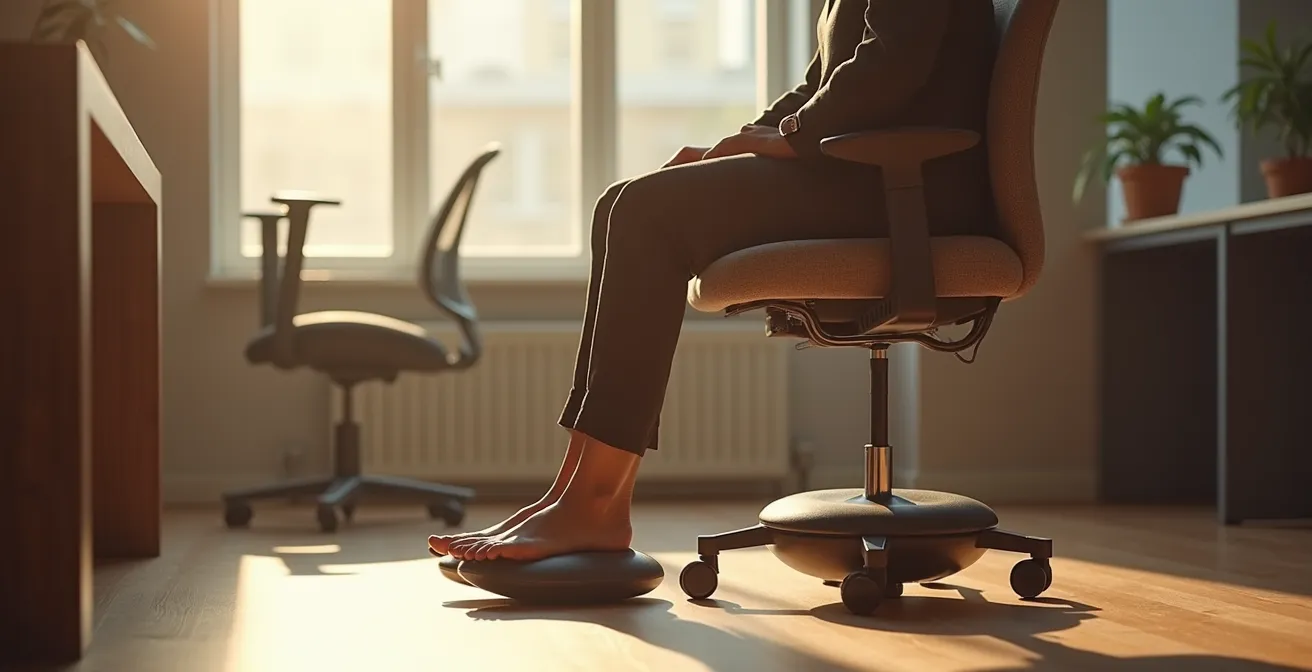 Office worker using wobble cushion on ergonomic chair with proper foot positioning