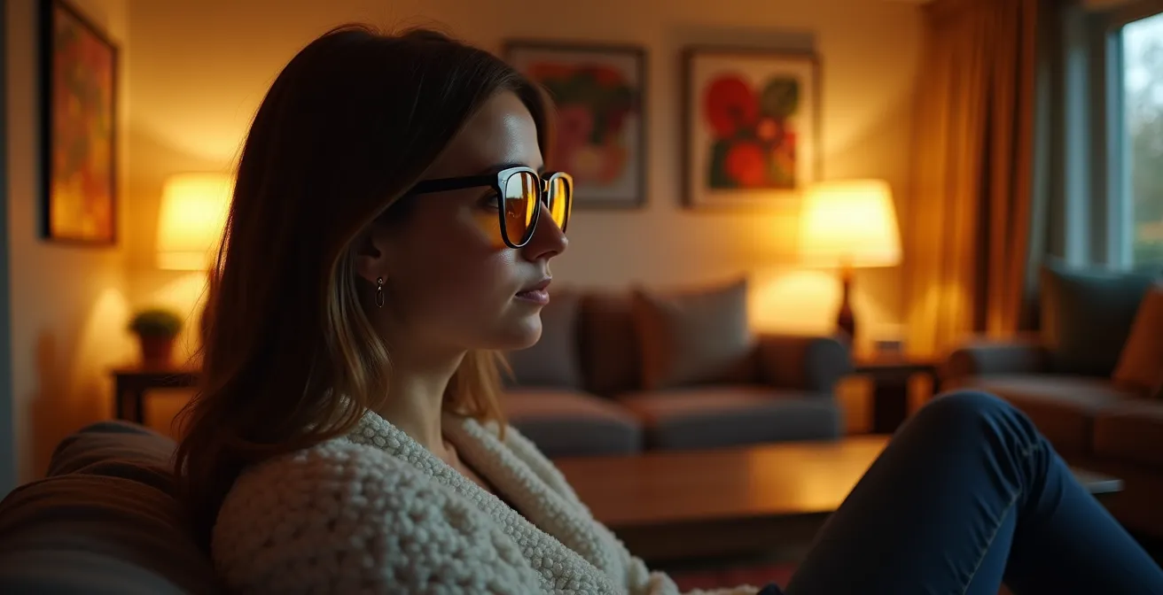 Person wearing amber-tinted glasses in an evening setting with a warm light atmosphere