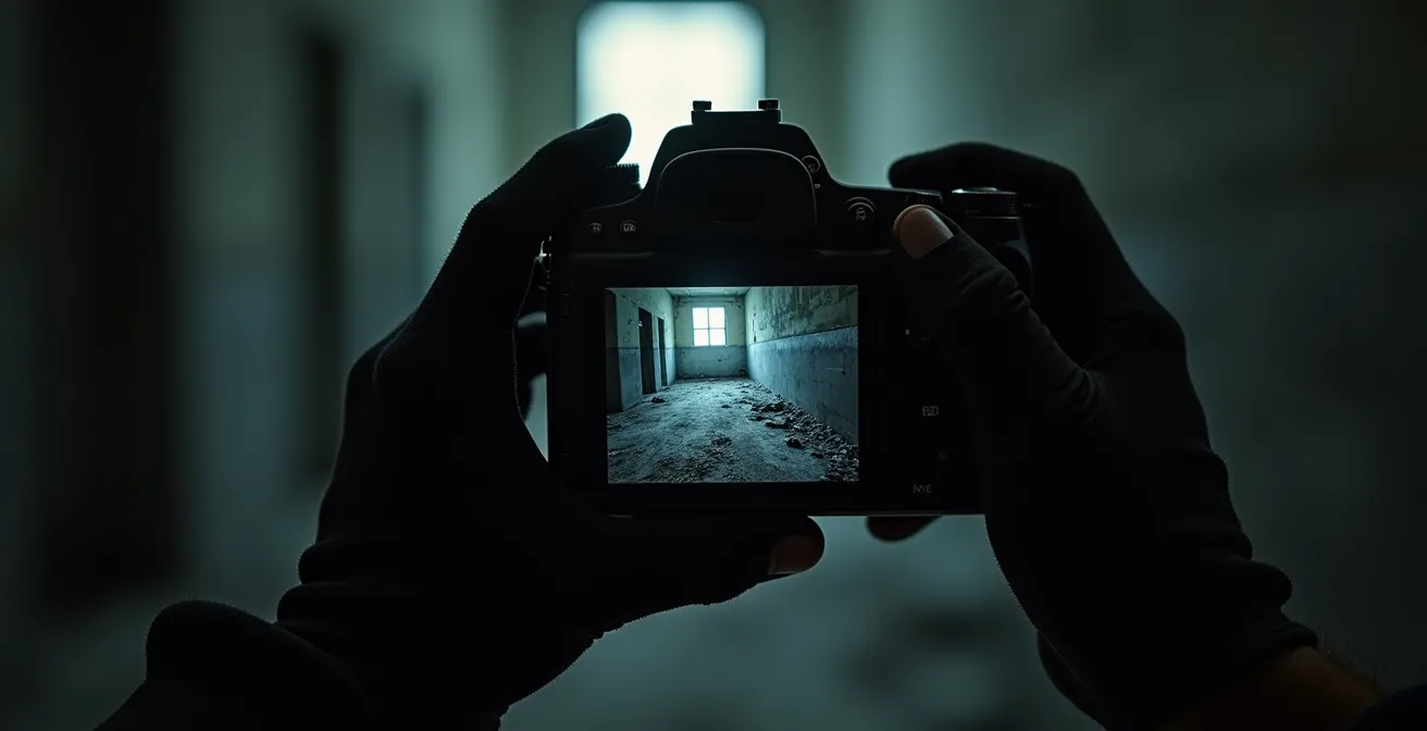 Urban explorer reviewing camera display while obscuring location markers in abandoned building