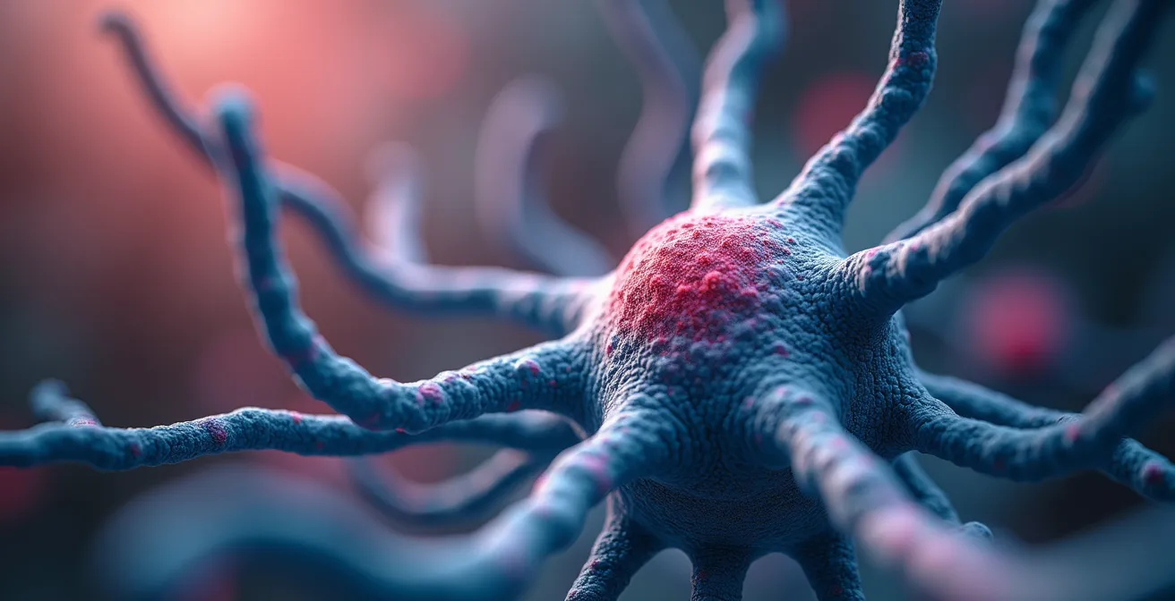 Microscopic view of dendritic cells processing mRNA instructions like biological computers