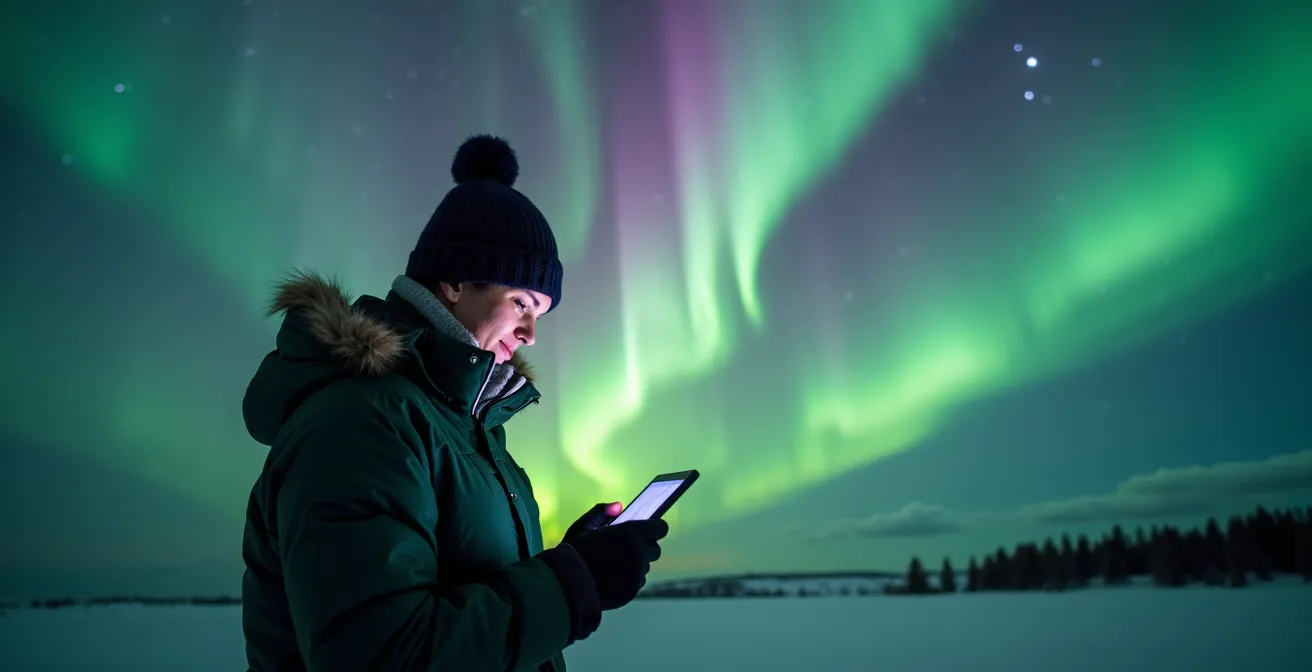 Person with tablet showing solar wind graphs while aurora borealis dances overhead in night sky