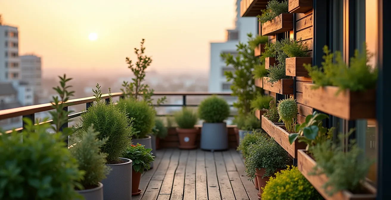 Wide shot of organized small balcony garden in soft morning light