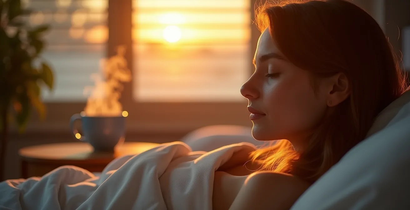 Bedroom bathed in warm sunrise simulation lighting with subtle morning automation cues