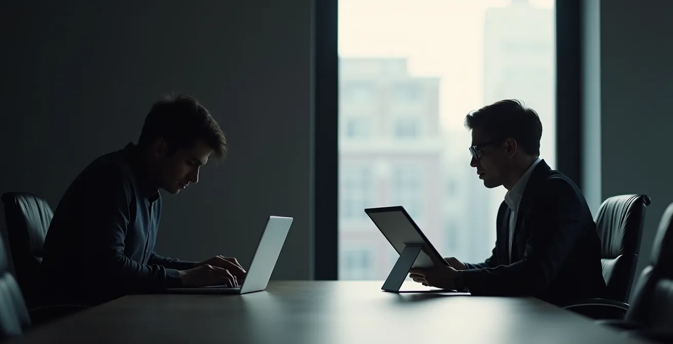 Professional maintaining eye-level engagement during board meeting with elevated screen setup