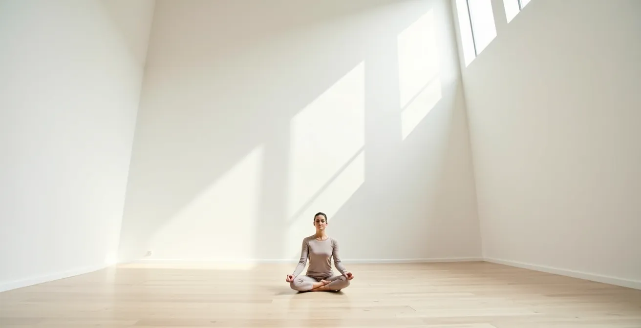Wide shot of a person in a meditative breathing pose in a minimalist space