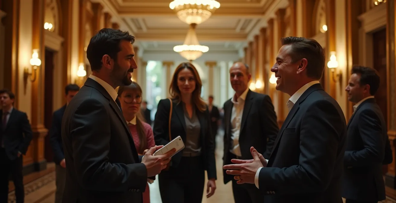 Business colleagues engaged in animated discussion during theater intermission