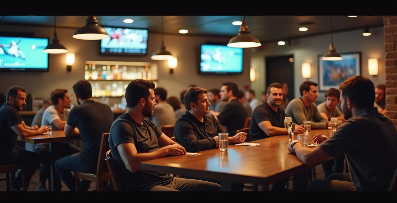 Wide shot of adults in sports attire socializing at a casual bar after a game