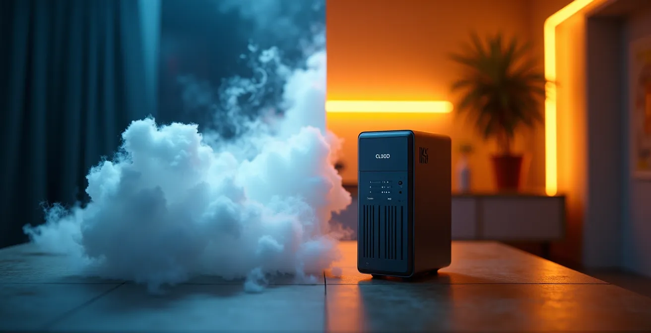 Split composition showing cloud servers versus local home server setup for smart home processing