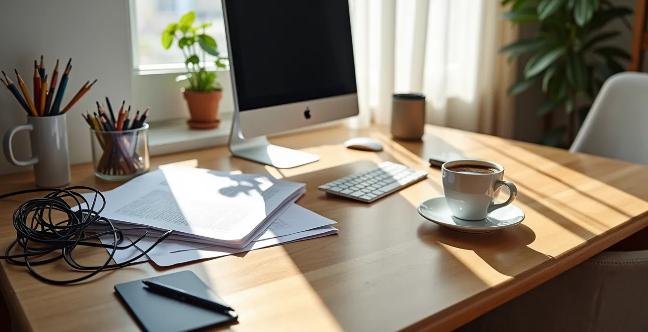 Contrasting views of a cluttered home office versus an organized one, showing the impact on stress