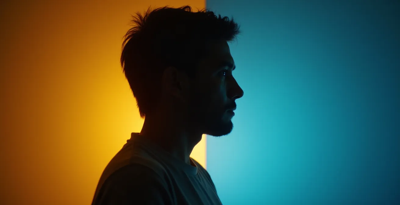 Split composition showing light and shadow coexisting in a peaceful balance, representing dual emotional states