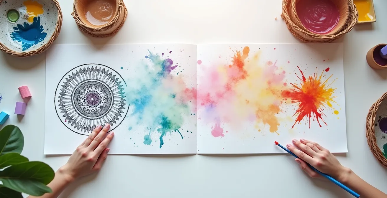 Split composition showing a structured coloring book page transitioning into a free-form abstract painting, symbolizing different paths for grief expression.