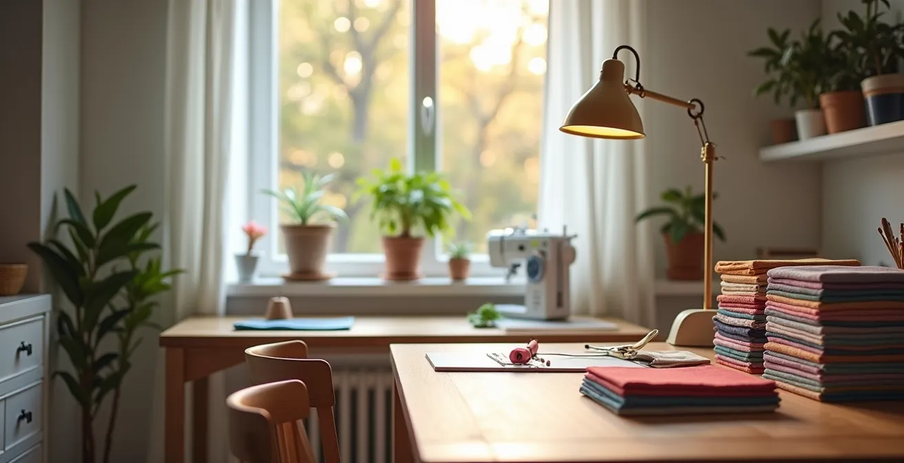 An efficient and compact sewing station set up in the corner of a small studio apartment.
