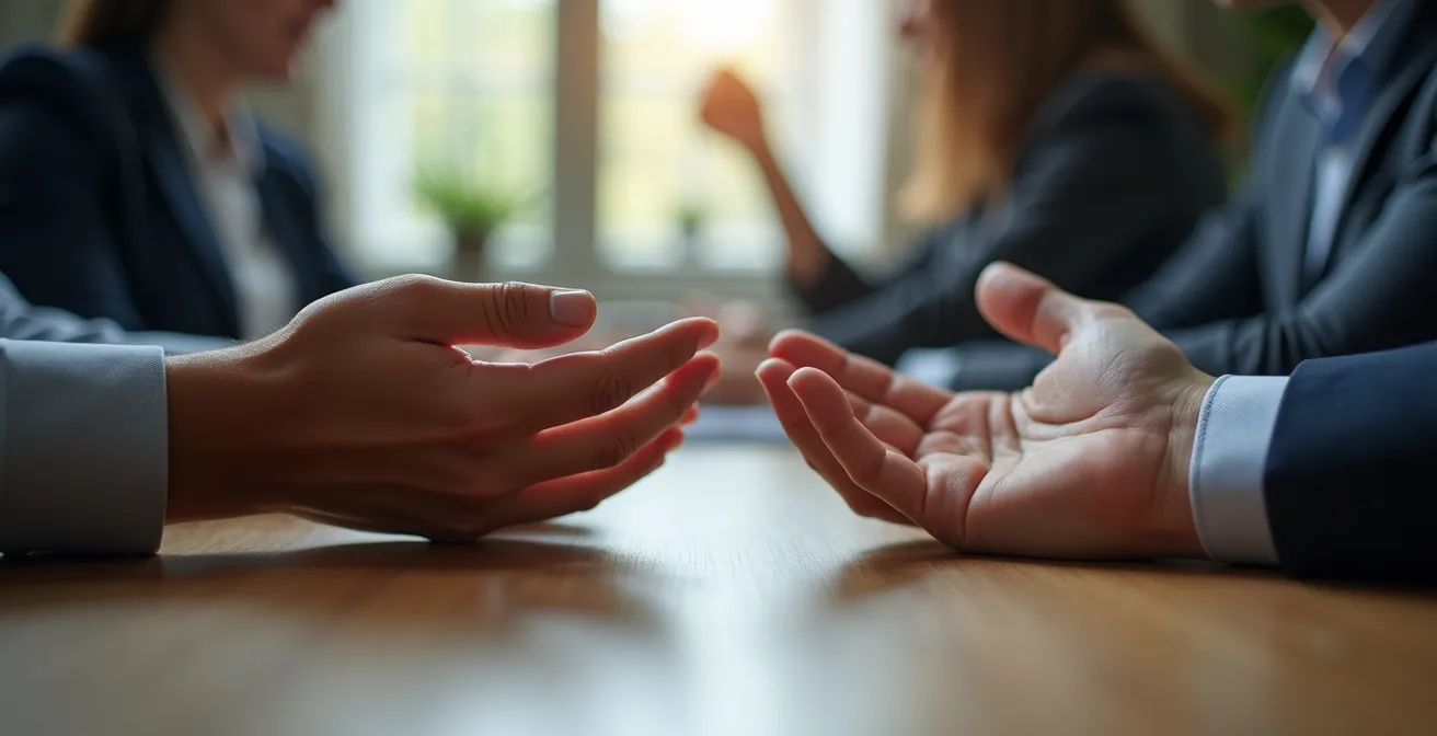 Office meeting showing contrast between open and closed body language gestures