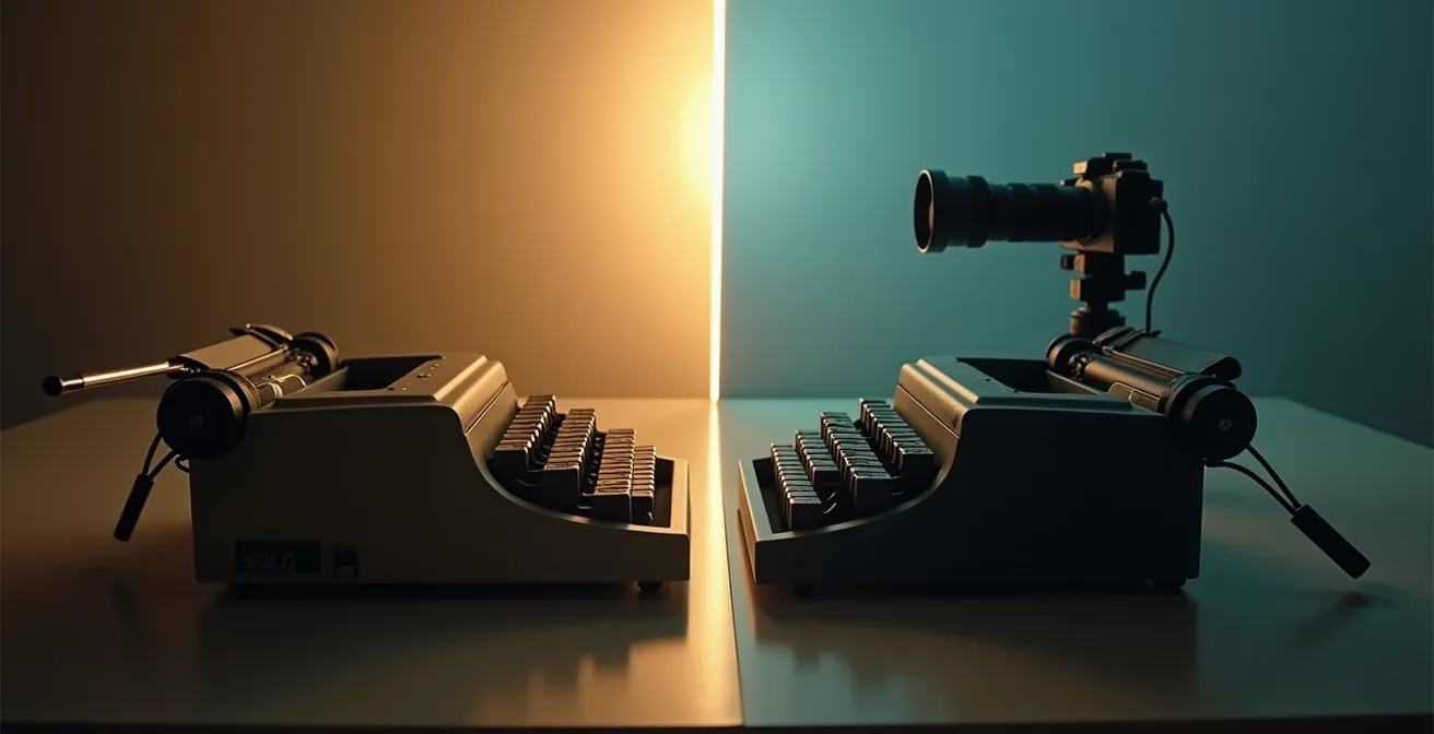 Split-screen composition showing newsletter writing setup on one side and video recording equipment on the other