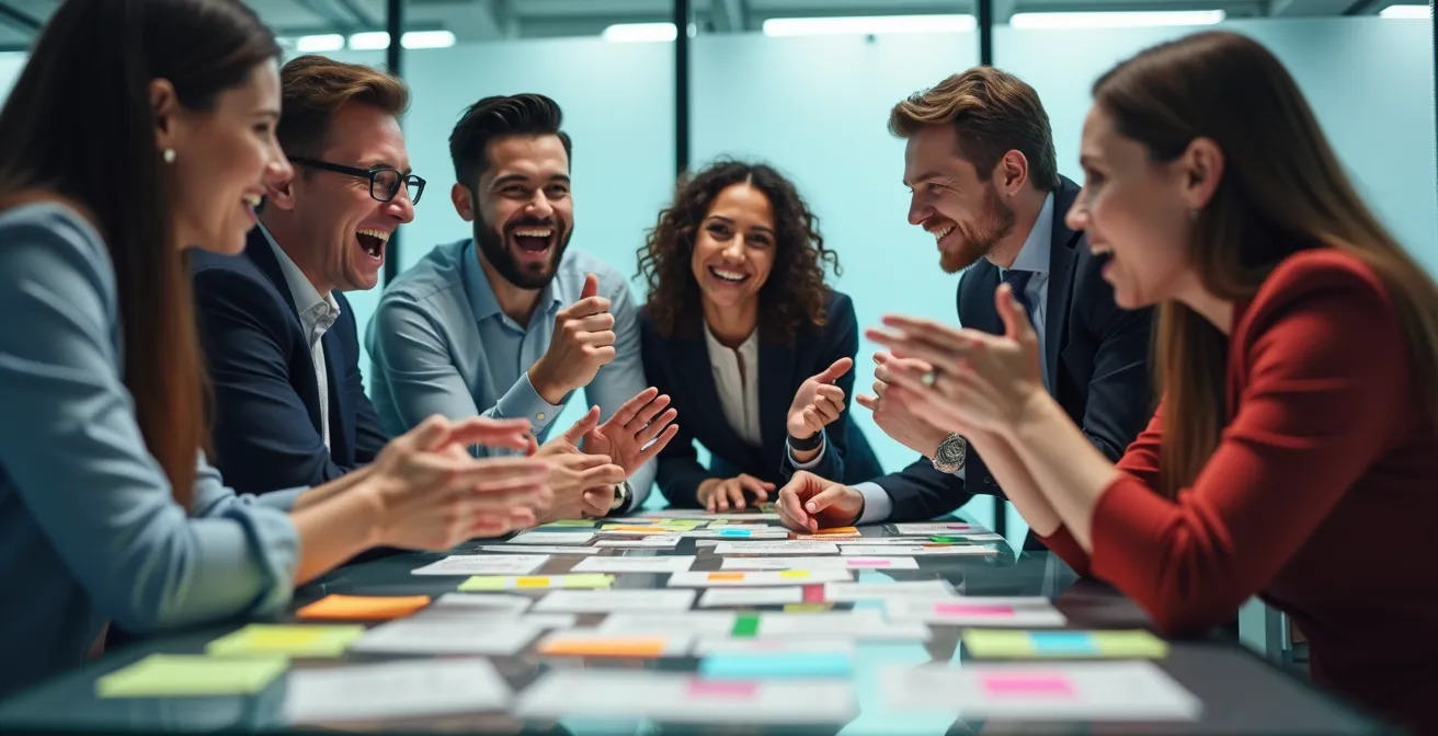 Diverse team members collaborating around a workshop table with creative materials