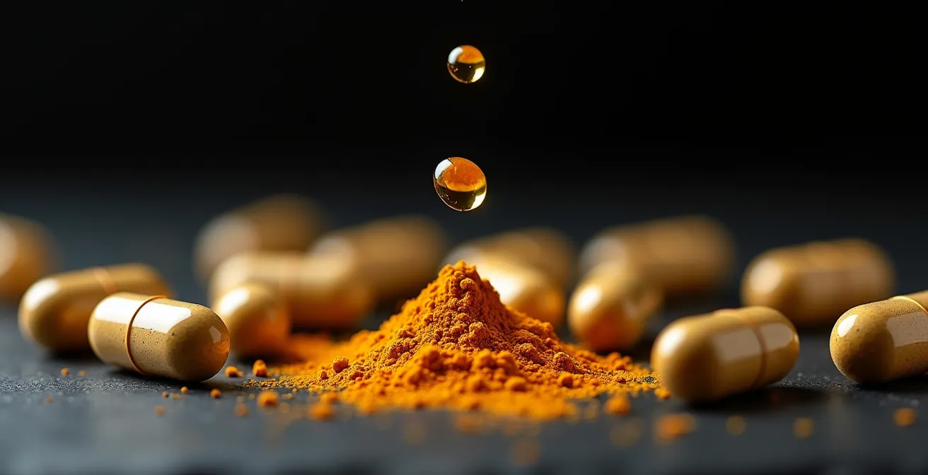 Close-up comparison of advanced curcumin delivery systems including capsules and liquid tinctures