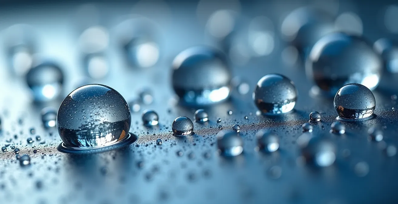 Extreme macro view of water droplets beading on a hydrophobic surface as metaphor for network protection