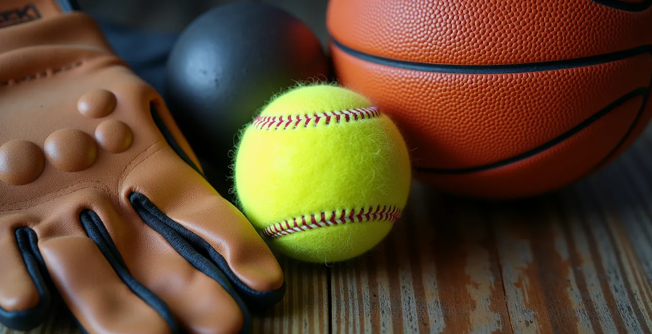 Macro shot of various sports equipment including a golf glove, kickball, tennis ball, and basketball arranged on a wooden surface