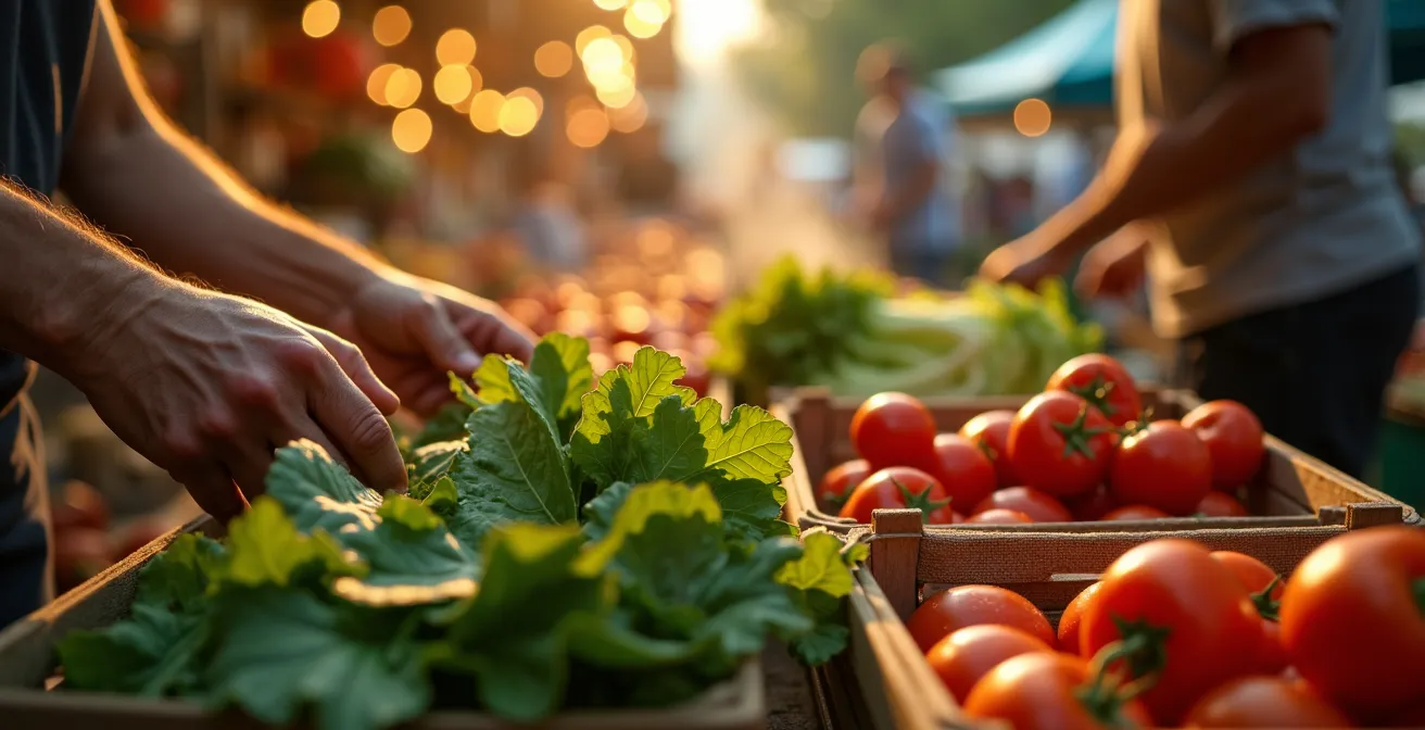 Pre-dawn market scene with vendors preparing fresh produce under warm lighting