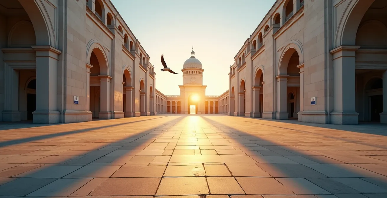Famous monument or plaza completely empty at sunrise with golden light casting long shadows