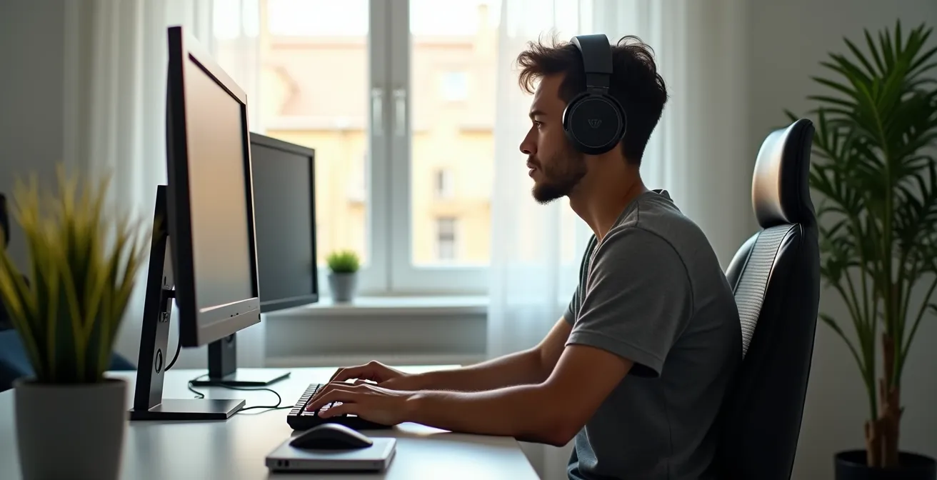 A person demonstrating proper gaming posture with an ergonomic setup in a well-lit, minimalist room.