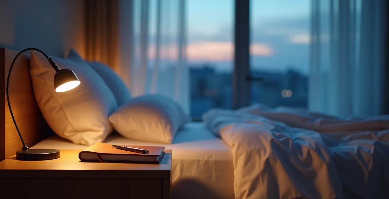 Wide shot of peaceful bedroom at dusk with journal on nightstand