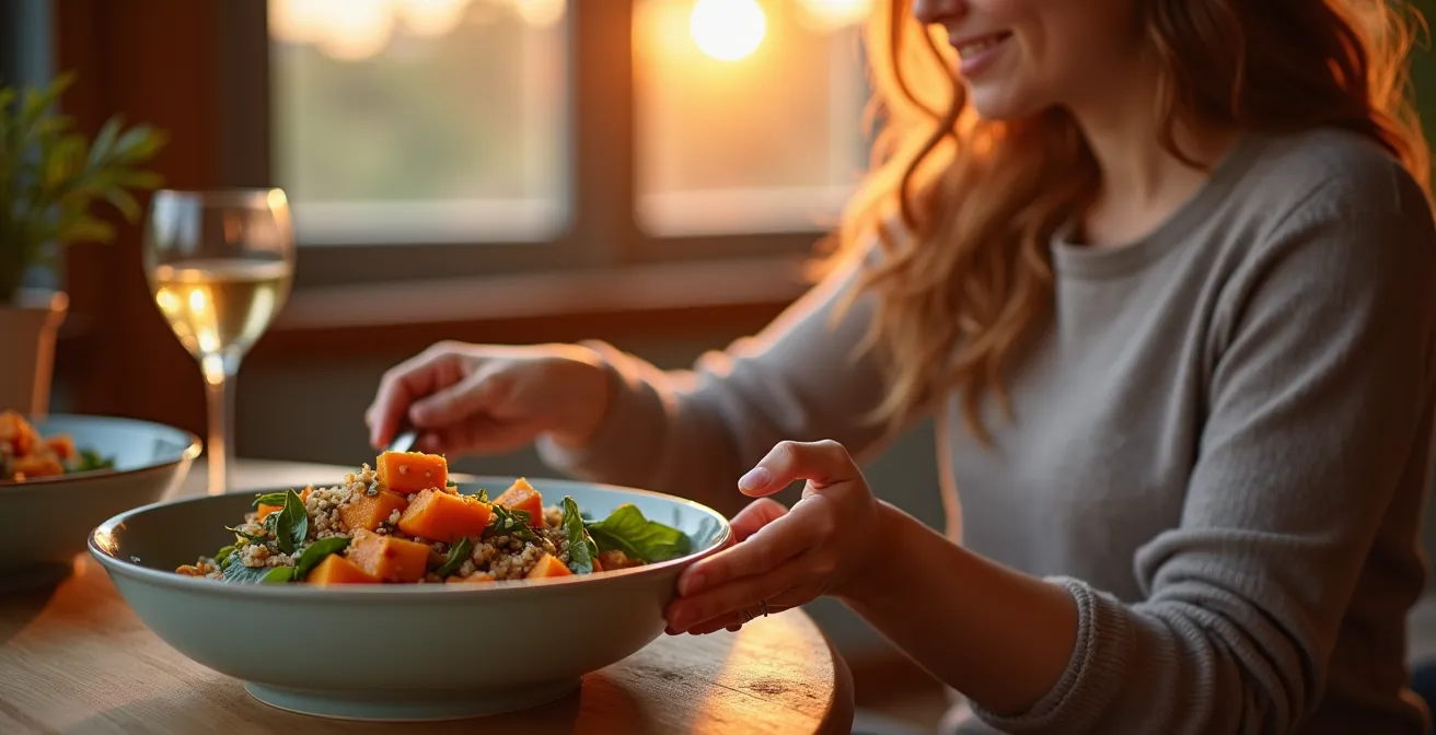 Evening meal with complex carbs showing the cortisol-serotonin balance for better sleep