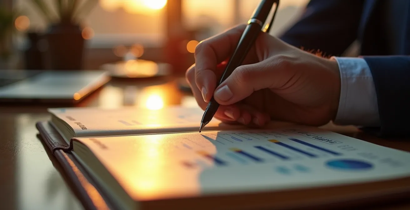 Executive writing in success journal with confidence metrics