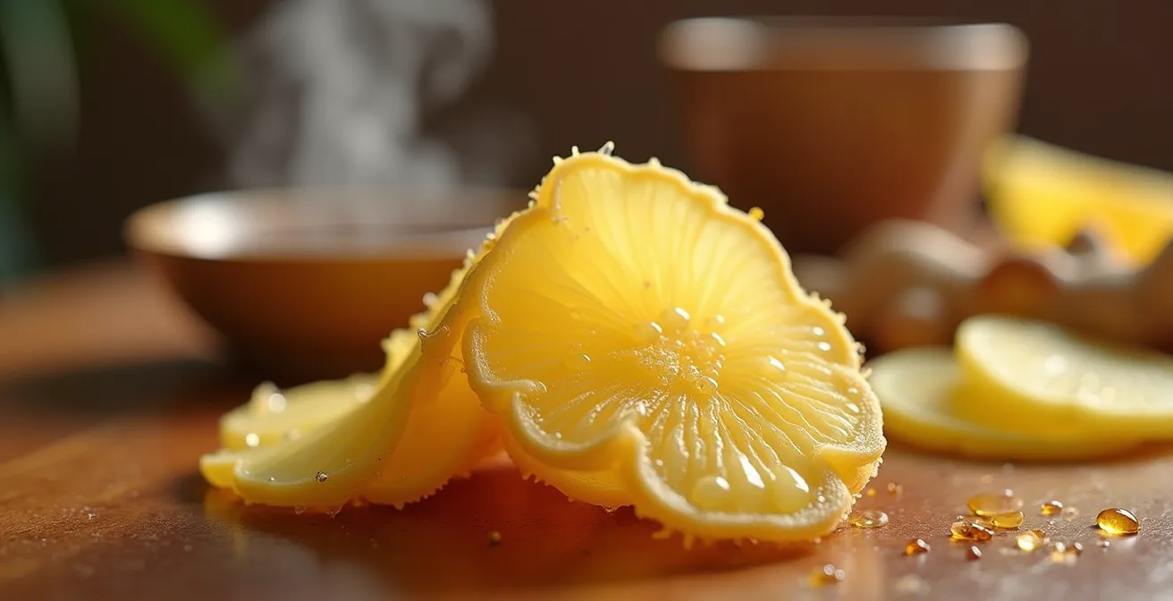 Extreme close-up of fresh ginger root slices with visible fibers and oils