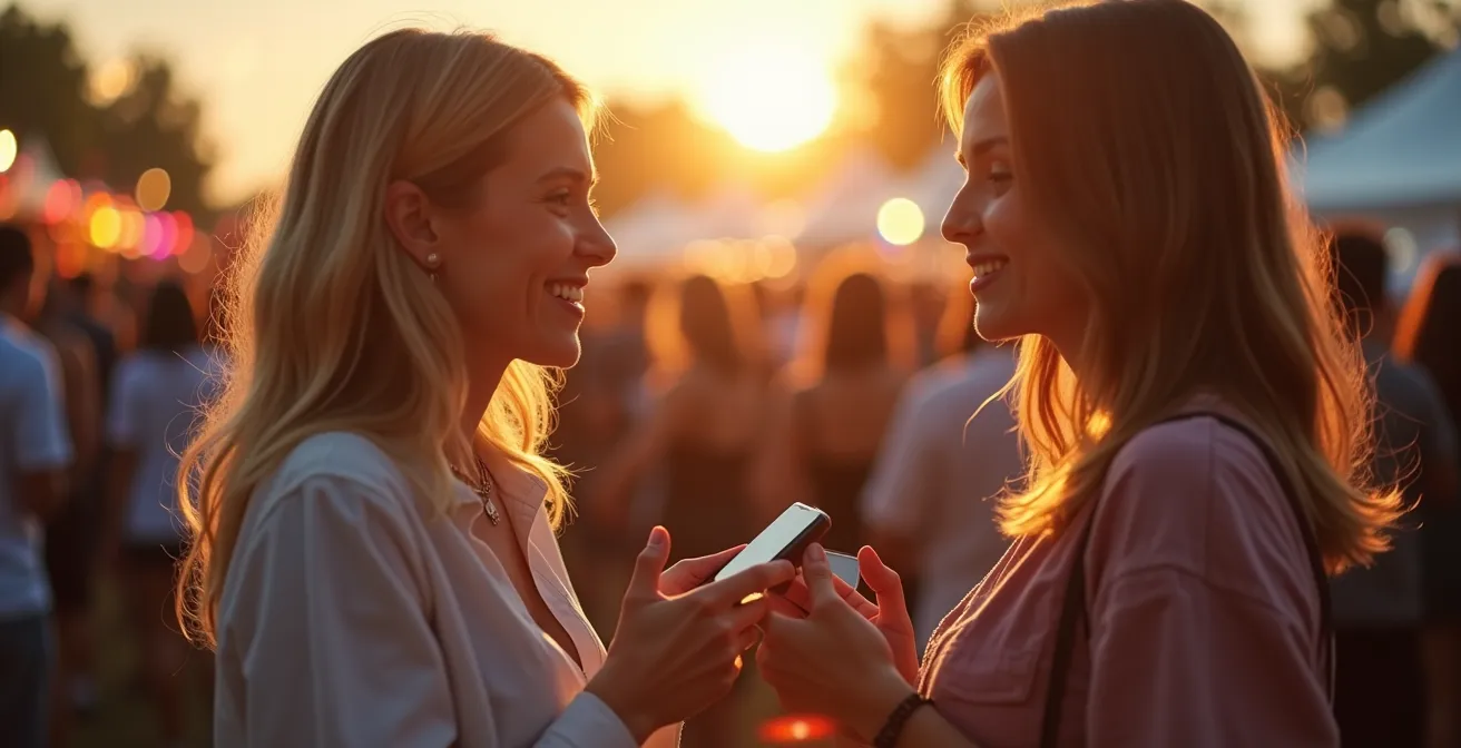 People exchanging phone numbers at a festival during sunset