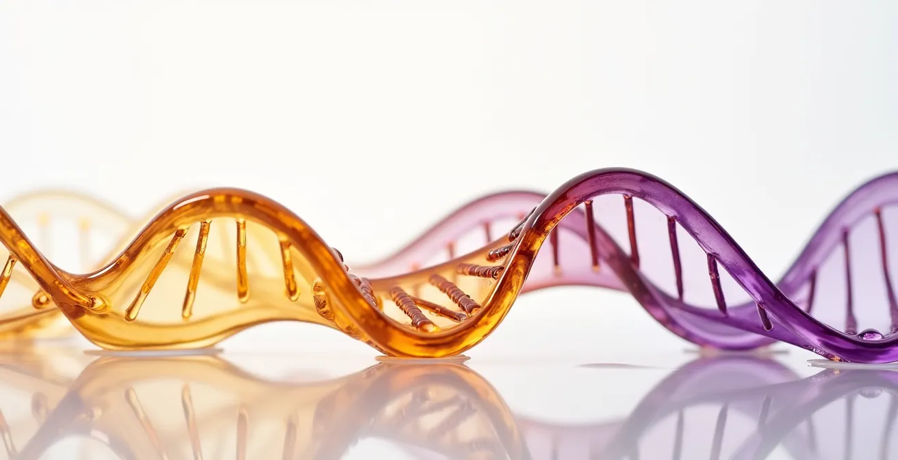 Abstract visualization of two parallel streams of golden and purple liquid in DNA-like patterns, symbolizing similar gene expression pathways of retinol and bakuchiol.