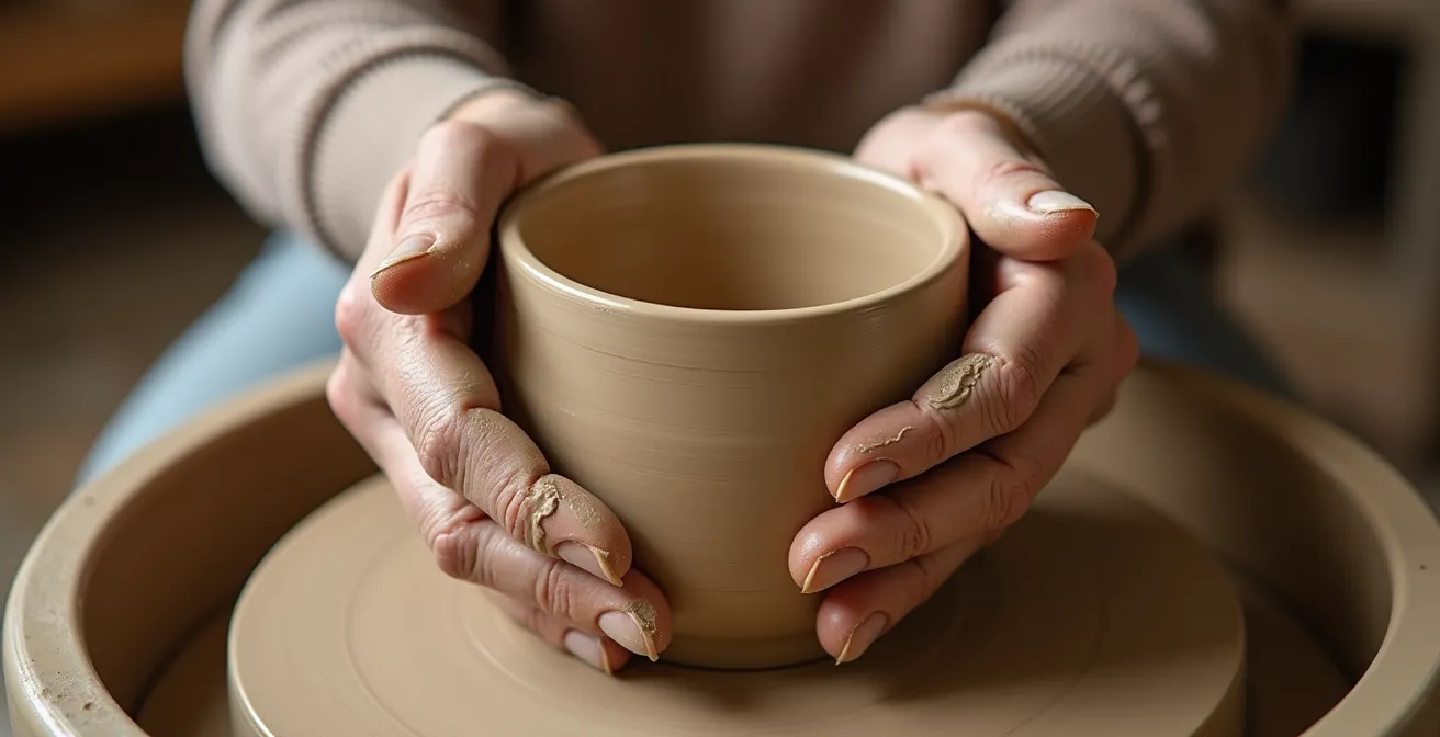 Close-up of four hands on clay at a pottery wheel, one set young and one elderly, with clay splatters suggesting movement