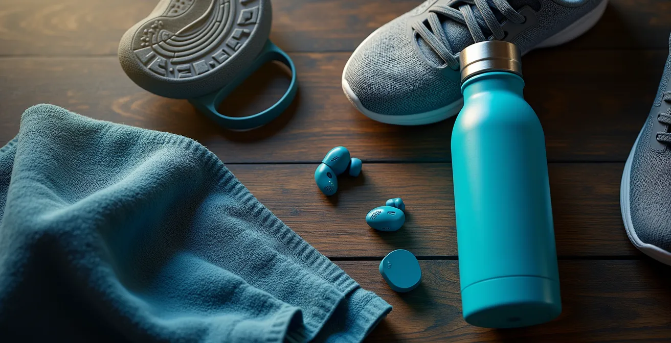 Athletic gear neatly arranged on a wooden surface with soft evening light, ready for an early morning workout.