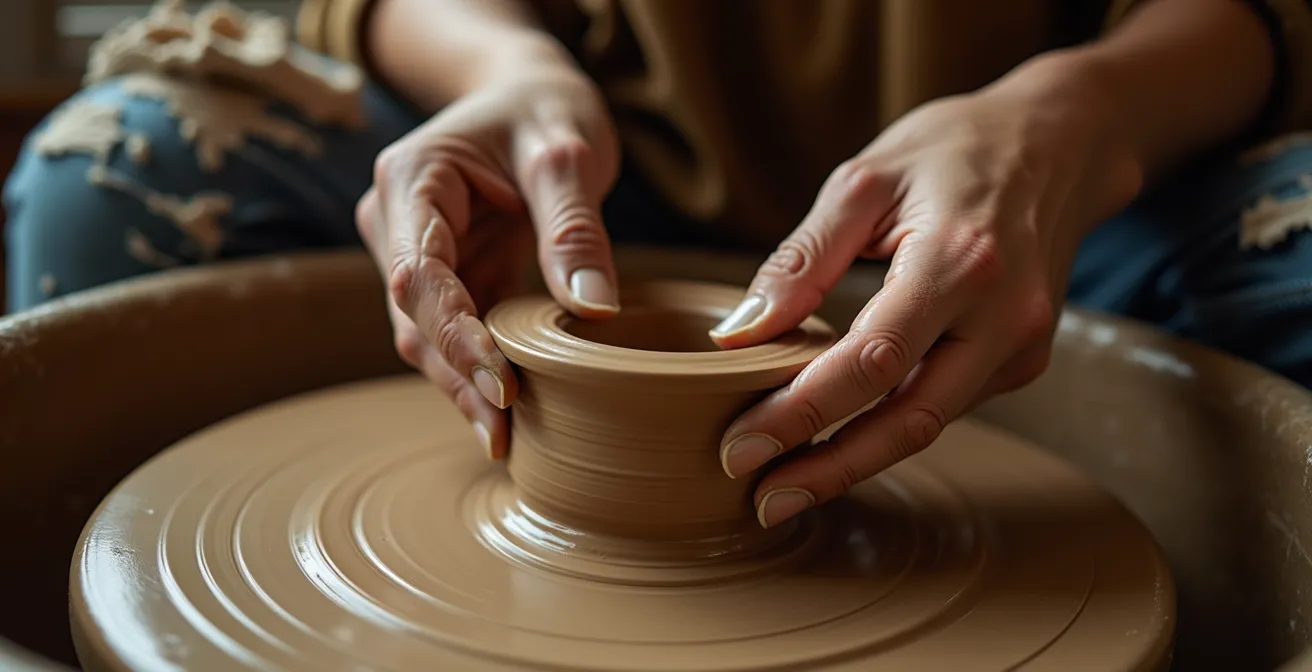 Hands shaping clay on pottery wheel showing focused attention