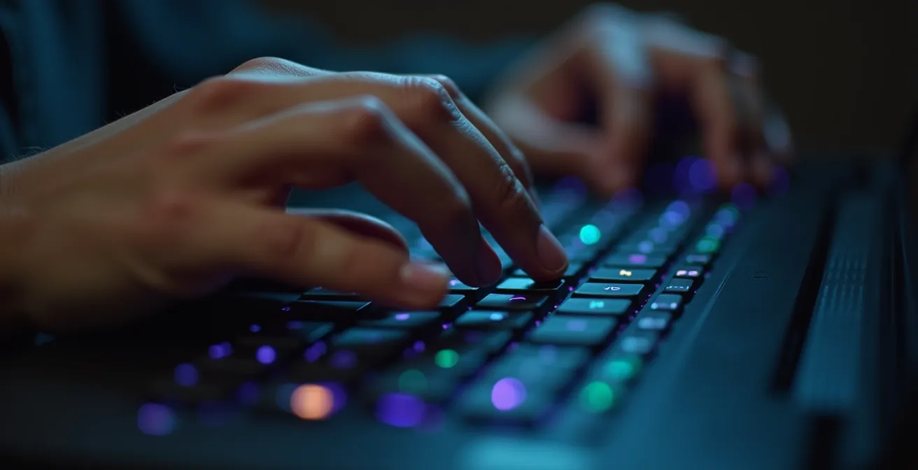 Hands actively typing on mechanical keyboard with code reflection, no screens visible