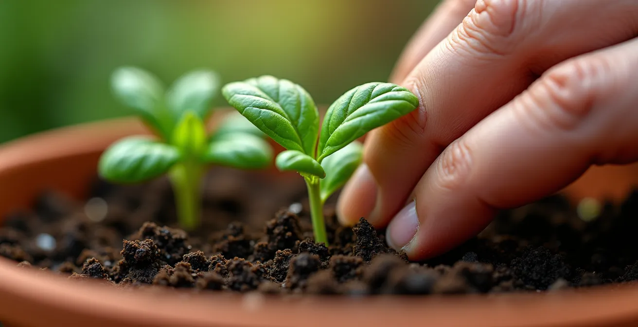 Close-up of weathered hands planting basil seedlings in rich soil
