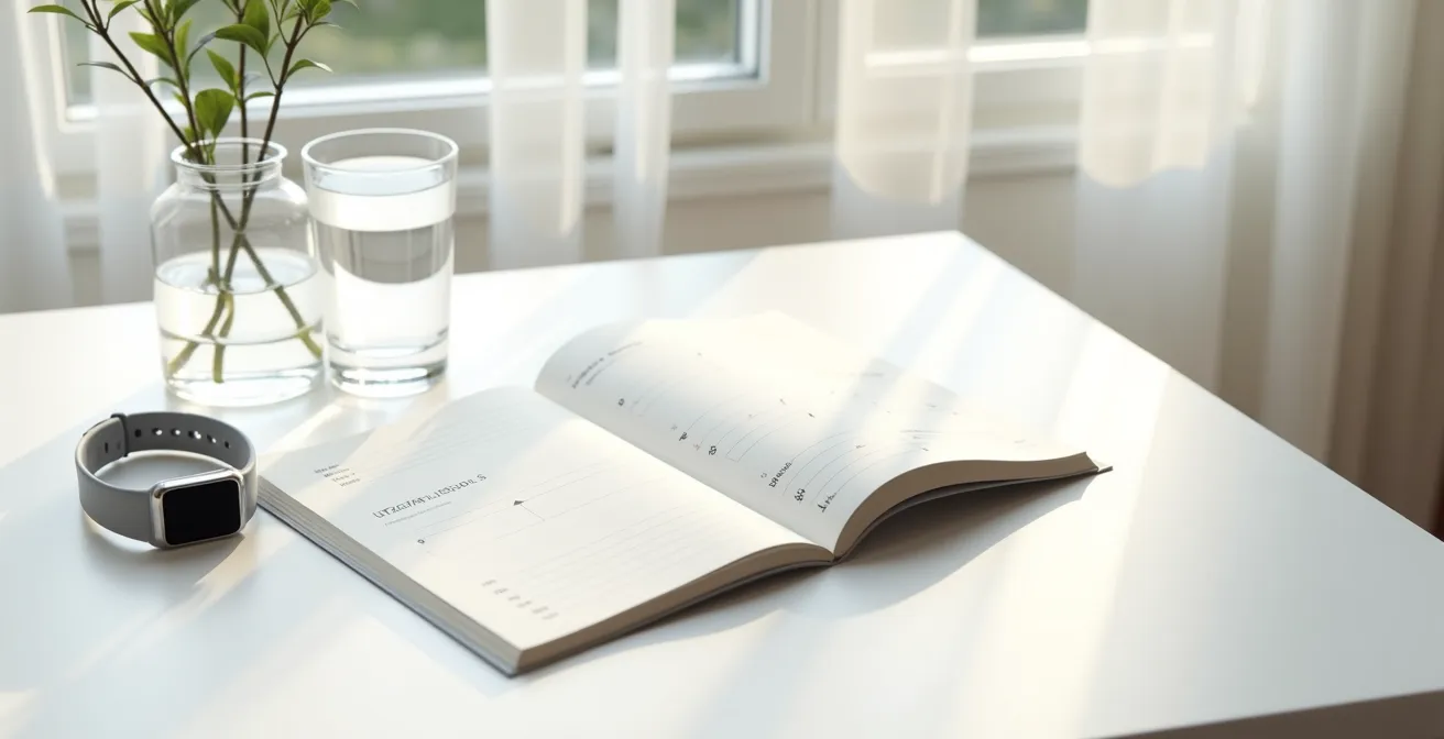 Morning heart rate monitoring setup showing fitness tracker and training journal