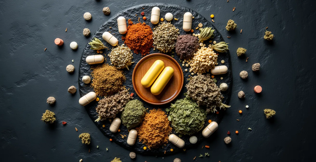 Artistic representation of herbal supplement interactions with medications