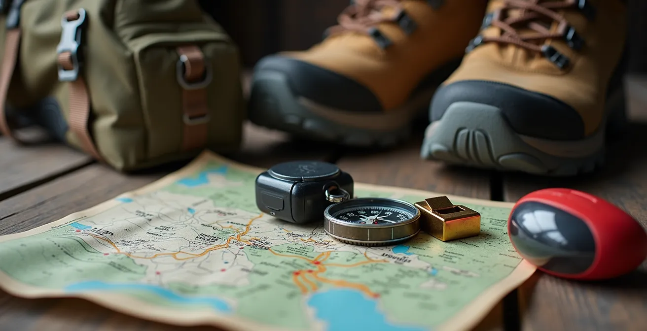 Organized hiking gear layout with map and emergency contact information
