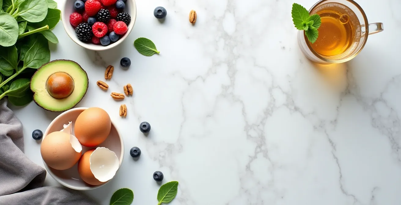 Overhead view of glass skin breakfast ingredients artfully arranged