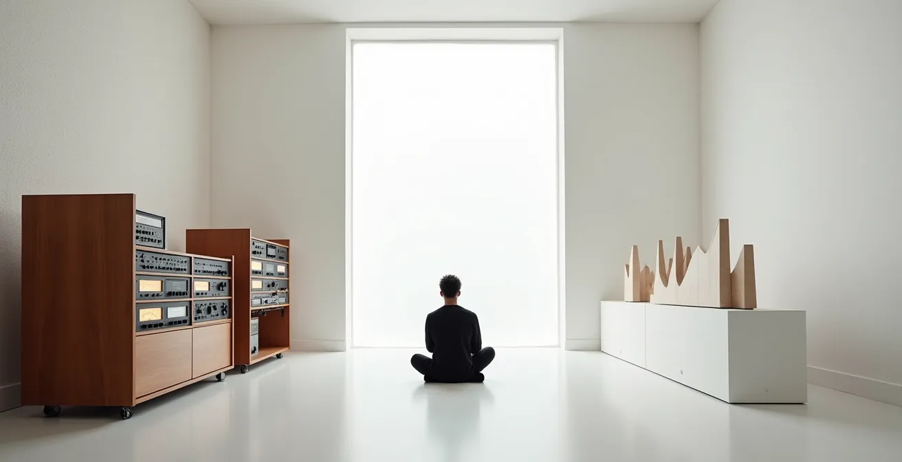 Wide shot of a music studio showing the contrast between AI and human mastering approaches