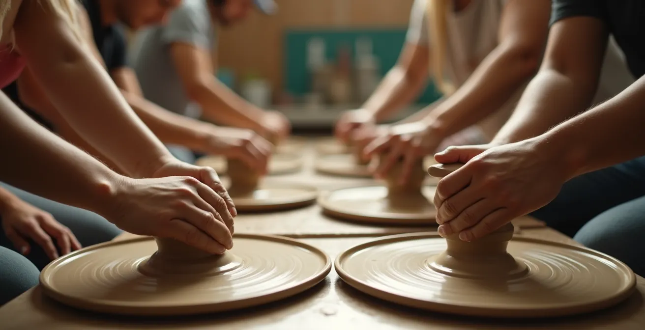Close-up of multiple hands working on pottery wheels in a workshop setting