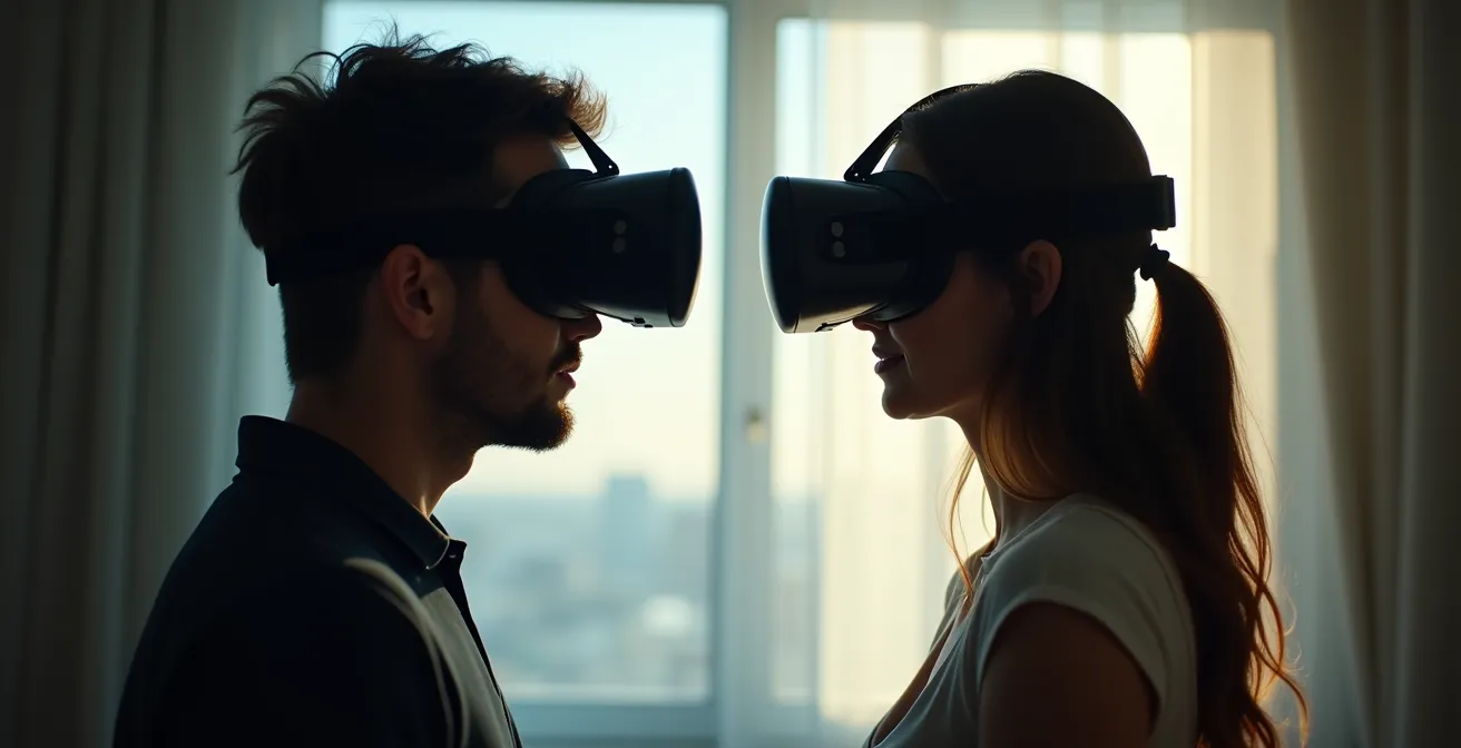 Split composition showing a person transforming from an anxious state to a confident one through avatar embodiment in VR.