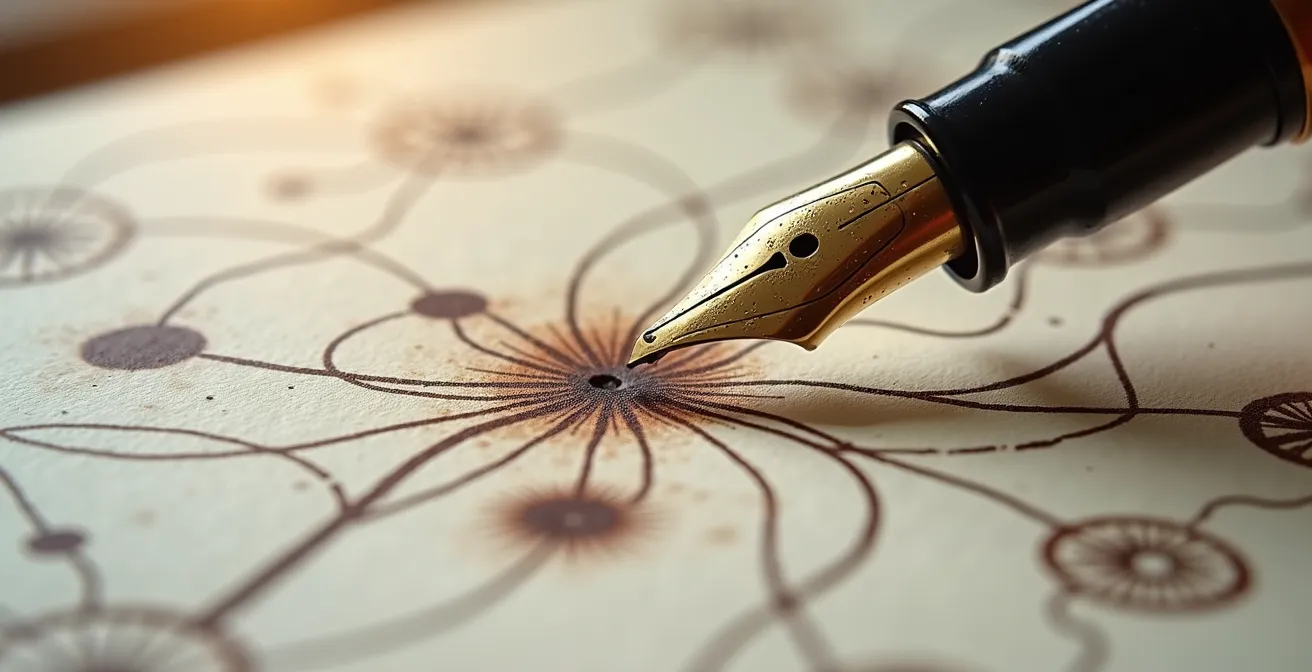 Macro shot of handwritten journal pages with abstract sketches and mind maps