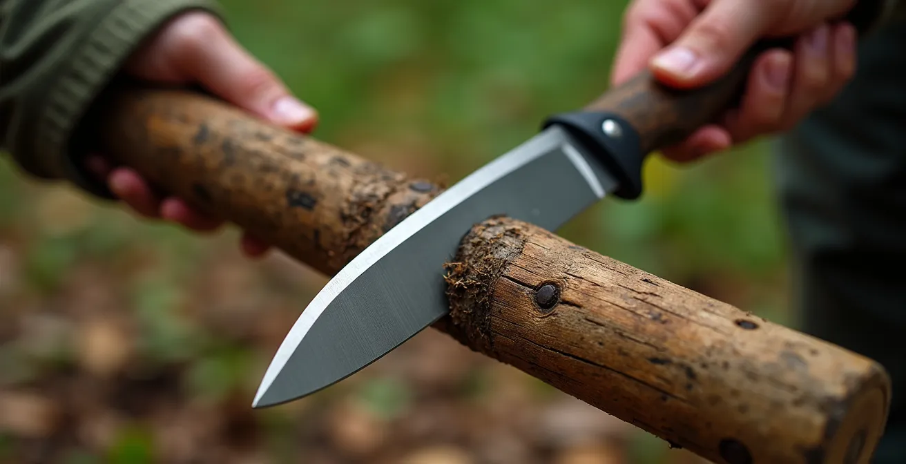 Close-up of a fixed blade knife's spine being struck with a wooden baton to split a log.