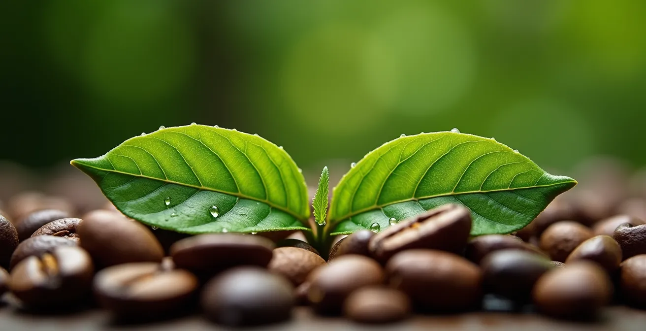 Macro view of green tea leaves and coffee beans creating natural contrast