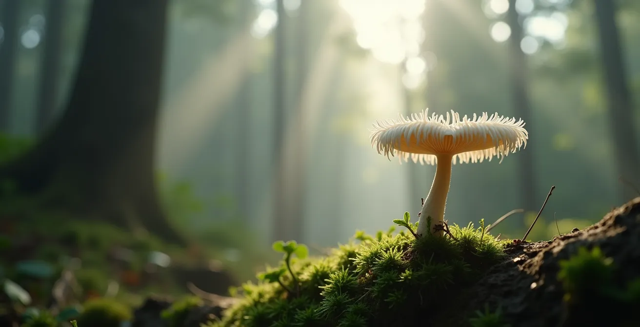 Lion's mane mushroom in natural forest setting