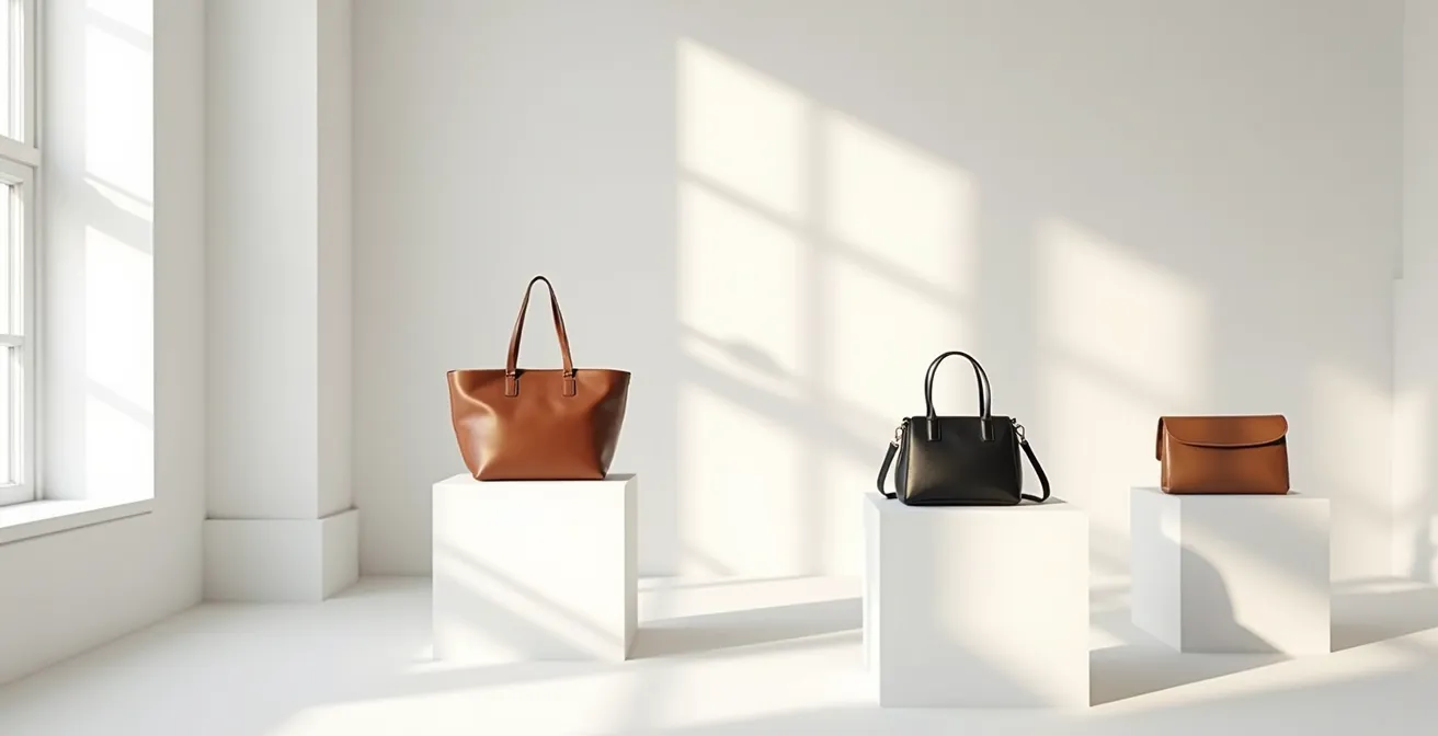 Elegant leather bags arranged around seasonal calendar markers, suggesting that strategic purchase timing is about value, not sales.