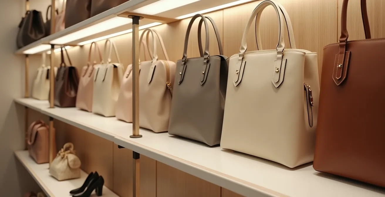 Professional closet organization showing luxury bags properly stored in climate-controlled environment